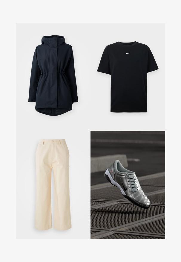 Marineblauer Parka mit Kapuze, verstellbaren Taillen-Zugbändern und Knopfmanschetten, designed für kaltes Wetter.; Schwarzes Baumwoll-T-Shirt mit Rundhalsausschnitt und kurzen Ärmeln. Verfügt über ein kleines weißes Nike-Logo, das mittig auf der Brust platziert ist. Glatte Textur.; Helle beige, weit geschnittene Hose aus Baumwolle mit glatter Textur, ausgestattet mit einem Frontknopfverschluss und Seitentaschen.; Silberner Nike-Schuh mit glatter Oberfläche, ausgestattet mit einem Schnürdesign und einer schwarzen Laufsohle. Strukturiertes Obermaterial mit dezenten Akzenten und Logo.