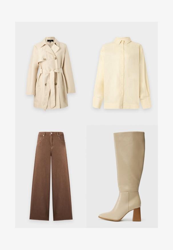 Trench-coat court beige avec boutons croisés, large col, ceinture à nouer à la taille et poches latérales.; Chemise crème à manches longues avec boutons, col structuré et larges poignets, présentée sur un fond uni clair.; Jean en denim marron à jambes larges avec taille haute, fermeture à boutons et fermeture éclair sur le devant, et design à cinq poches.; Botte en cuir beige haute jusqu'au genou avec un bout pointu, un talon bloc texturé et une surface lisse. Détail de couture à la cheville et en haut de la tige.