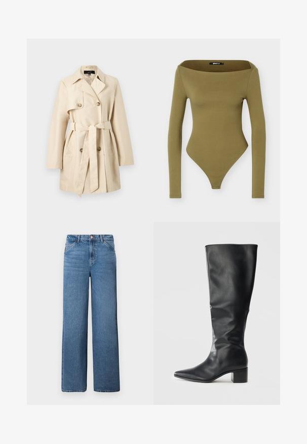 Trench-coat court beige avec boutons croisés, large col, ceinture à nouer à la taille et poches latérales.; Body moulant vert olive à manches longues avec un large décolleté carré et un bas style string.; Jean large en denim bleu clair à taille haute, avec une fermeture éclair dissimulée et un bouton, et des coutures de poche avant distinctes.; Botte en cuir noir montant jusqu'au genou avec un nez pointu et un talon bloc, vue de côté sur un fond uni.