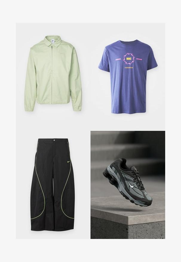 Lichtgroene jas van gladde stof, met een kraag, een ritssluiting aan de voorkant, elastische manchetten en een subtiel logo op de borst.; Paarse katoenen T-shirt met korte mouwen met een gewaagd grafisch ontwerp. Bevat "Nike" in het geel binnen een roze draaikolk en tekstaccenten.; Zwarte wijde Nike-broek met neon groene gebogen biezen en klein Nike-swoosh-logo op de rechterdij, knoop- en ritssluiting in de taille.; Grijze en zwarte sportieve sneaker met meshpanelen en dikke zool, zwevend in de lucht boven een betonnen richel met trappen op de achtergrond.