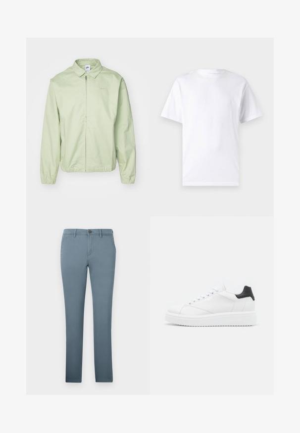 Lys grøn jakke lavet af glat stof, med krave, frontlynlås, elastiske ærmer og et diskret logo på brystet.; Hvid kortærmet t-shirt lavet af bomuld med rund hals, der har en glat tekstur og et simpelt design uden mønstre eller accenter.; Lyseblå chinos lavet af bomuldsblanding med slim fit, der har en knaplukning og sidelommer. Glat tekstur uden mønstre.; Hvide lædersneakers med en sort hælflap, flade snørebånd, struktureret mellemsål og branding på ydersiden. Designet til afslappet brug.