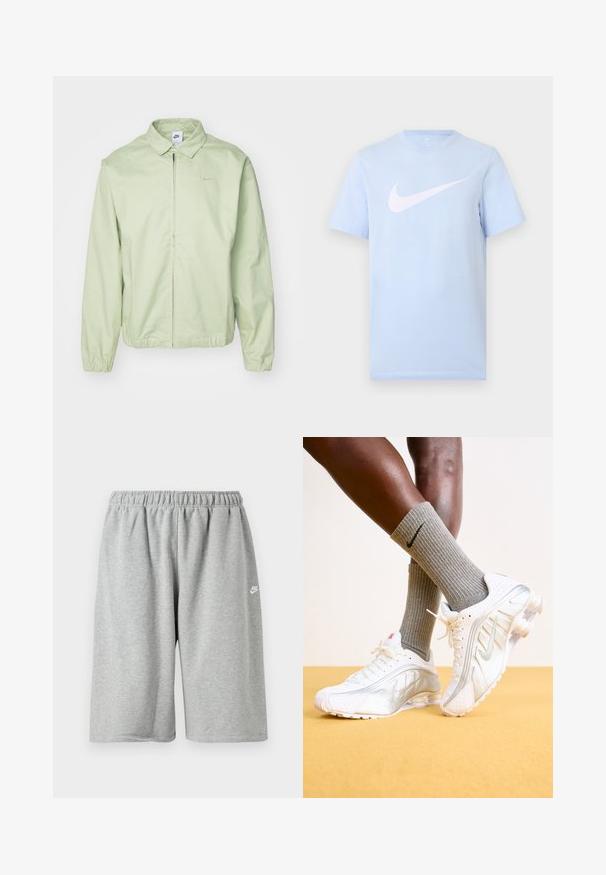 Lys grøn jakke lavet af glat stof, med krave, frontlynlås, elastiske ærmer og et diskret logo på brystet.; Lyseblå T-shirt med korte ærmer og en stor hvid Nike swoosh-logo midt på forsiden mod en ensfarvet baggrund.; Grå bomuldsshorts med elastik i taljen, med løs pasform og et lille hvidt logo nær kanten. Glat tekstur, længde over knæet.; Nike sneakers i hvid med sølv accenter, der har teksturerede paneler og perforeringer. Sammen med grå ribbede sokker, sat mod en gul baggrund.