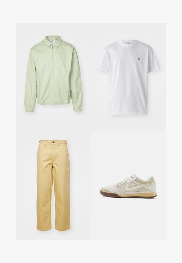 Lys grøn jakke lavet af glat stof, med krave, frontlynlås, elastiske ærmer og et diskret logo på brystet.; Hvid bomulds t-shirt med korte ærmer, rund hals og et lille guld logo på venstre brystområde. Blød tekstur og almindelig pasform.; Beige, vidde bukser lavet af bomuld med frontknaplukning, bæltestropper og sidelommer. Glat tekstur med synlige syninger.; Hvid atletisk sko med en struktureret overdel, grå accenter, snørebånd og en tan gummisål. Har et karakteristisk logo på siden.