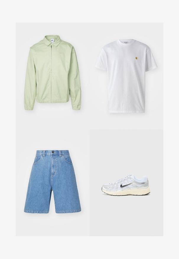 Lichtgroene jas van gladde stof, met een kraag, een ritssluiting aan de voorkant, elastische manchetten en een subtiel logo op de borst.; Witte katoenen t-shirt met korte mouwen en ronde hals, voorzien van een klein gouden logo op de linkerkant van de borst. Zachte textuur en een normale pasvorm.; Lichtblauwe denimshorts met een losse pasvorm, hoge taille, vijf-pocket ontwerp en subtiele vervaging. Heeft een knoopsluiting en riemlussen.; Witte mesh sneakers met zilveren accenten, zwarte Nike swoosh, gevoerde kraag en een gestructureerde zool. Bevat een gelaagd ontwerp voor stabiliteit.