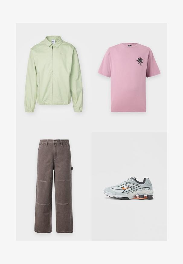 Helle grüne Jacke aus glattem Stoff mit Kragen, Frontreißverschluss, elastischen Bündchen und einem dezenten Logo auf der Brust.; Helles lila T-Shirt mit kurzen Ärmeln und einem kleinen, verzerrten schwarzen und orangefarbenen Logo auf der linken Brust.; Weite Hosen in einem verblassten Braunton, aus strapazierfähigem Stoff mit kontrastierenden Nähten. Mit Paneeldetails und einer Seitentasche.; Hellgrauer Laufschuh mit schwarzen Akzenten, orangefarbenem Logo, Mesh-Obermaterial, gepolstertem Schaft und Gummisohle mit sichtbaren stoßdämpfenden Einheiten.