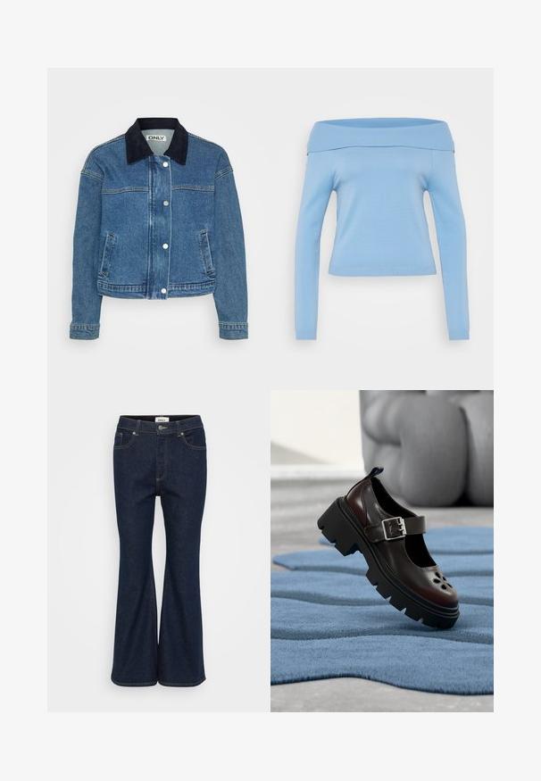 Chaqueta de mezclilla con un cuello de pana azul oscuro, botones de presión en el frente y dos bolsillos laterales. Mangas de longitud media con detalles en los puños.; Top azul claro, sin mangas y de manga larga, con un cuello ribeteado y puños, diseño ajustado y tela suave y ligera.; Pantalones vaqueros acampanados en azul oscuro, hechos de denim, con un diseño clásico de cinco bolsillos, costuras en contraste y un cierre de botón en bronce.; Zapato Mary Jane negro con suela gruesa, correa con hebilla plateada y recortes florales, exhibido sobre una superficie azul texturizada en interiores.