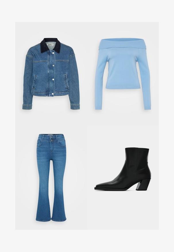 Jeansjacke mit einem dunkelblauen Cordkragen, Druckknöpfen auf der Vorderseite und zwei seitlichen Taschen. Mittellange Ärmel mit Manschettendetails.; Helles blaues, schulterfreies Langarmoberteil mit geripptem Ausschnitt und Bündchen, taillierte Passform und glattes, leichtes Material.; Blaue Denim-Jeans mit ausgestelltem Bein, hoher Taille, Zwei-Knopf-Verschluss und dezentem Ausbleichen. Klassisches Fünf-Taschen-Design, glatte Textur.; Schwarze Leder-Stiefelette mit spitzem Zeh, schlanker Silhouette und klobigem quadratischem Absatz. Glatte Textur mit minimalen Nähdetails.