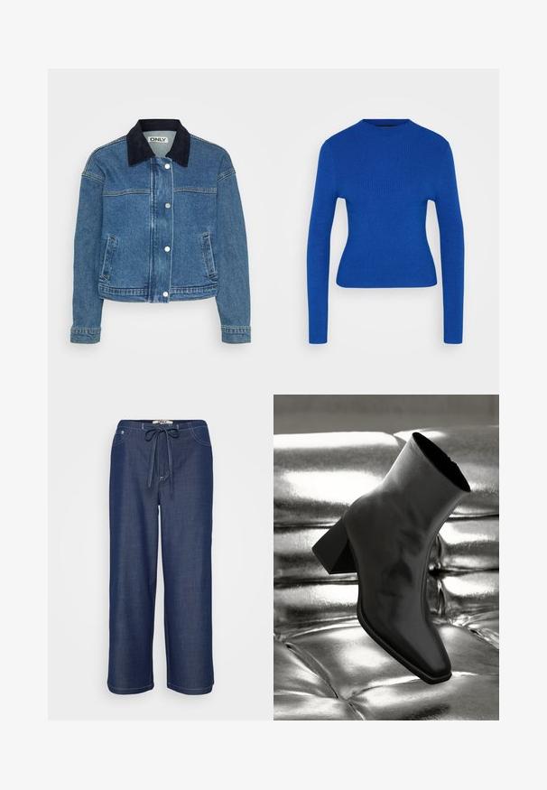 Denimjack met een donkerblauwe corduroy kraag, voorzijde met drukknoopsluiting en twee zijzakken. Midsleeves met manchetdetails.; Aansluitend blauw geribbeld breiwant met lange mouwen en een hoge ronde halslijn op een effen lichte achtergrond.; Donkerblauwe wijde broek met een trekkoord in de taille, voorzakken en zichtbare witte stiksels.; Zwarte enkellaarsjes van glanzend materiaal met een vierkante neus en taps toelopende hak, afgezet tegen een glanzende zilveren gecapitonneerde achtergrond.
