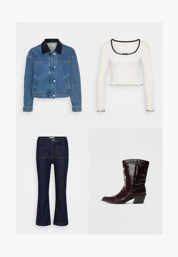 Jeansjacke mit einem dunkelblauen Cordkragen, Druckknöpfen auf der Vorderseite und zwei seitlichen Taschen. Mittellange Ärmel mit Manschettendetails.; Weißes Langarm-Crop-Top mit weitem, schwarz eingefasstem Rundhalsausschnitt, einer mittigen Schleifendetail und gerüschtem schwarzen Saum an den Ärmeln und dem unteren Rand.; Dunkelblaue Jeans aus Denim mit vorderen aufgesetzten Taschen, Kontrastnähten, Gürtelschlaufen, Knopfverschluss und leicht ausgestellt geschnittenen Beinen.; Bordeauxfarbene Leder-Stiefeletten mit spitzem Schnitt, strukturierten Oberflächen und einem schmalen, niedrigen Absatz. Verfügen über dezente Nähte und einen engen Sitz.