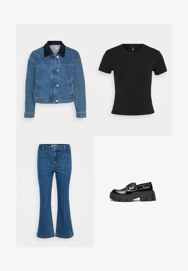 Denimjack met een donkerblauwe corduroy kraag, voorzijde met drukknoopsluiting en twee zijzakken. Midsleeves met manchetdetails.; Zwarte kortek mouw t-shirt van ribbelstof, met verspreide rhinestone accenten over de voorkant voor extra detail.; Blauwe denim high-waist jeans met voorzakken, naden langs de benen en een licht uitlopende pijp bij de enkels.; Zwarte gepatineerde leren instappers met een chunky zwart plateauzool en decoratieve oogjes. Gladde textuur met ronde neus en vetersluiting.