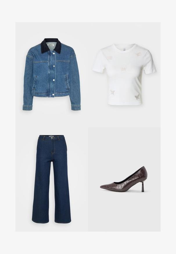 Chaqueta de mezclilla con un cuello de pana azul oscuro, botones de presión en el frente y dos bolsillos laterales. Mangas de longitud media con detalles en los puños.; Camiseta blanca corta de manga corta con cinco pequeños adornos de mariposas de pedrería en el frente.; Pantalones de mezclilla de pierna amplia en azul oscuro con costuras amarillas en contraste, cintura alta y cierre de botón. Textura suave y diseño clásico.; Tacones puntiagudos de cuero sintético marrón con textura de cocodrilo, con un tacón delgado y angular y un forro interior suave.