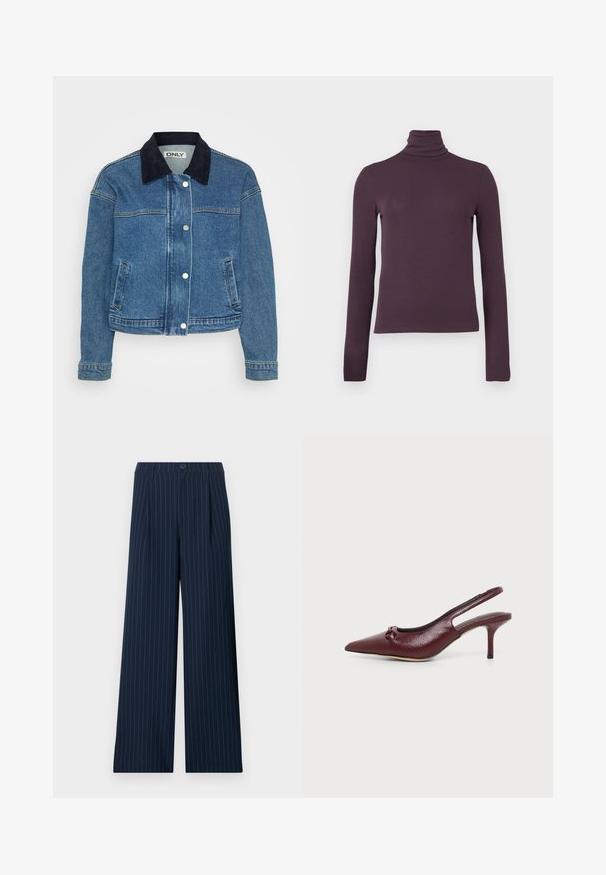 Denim takki, jossa on tumma sininen corduroykraava, etuosan nappikiinnitys ja kaksi sivutaskua. Keskipitkät hihat, joissa on kalvosin yksityiskohtia.; Pitkähihainen poolopaita syvässä purppurassa, valmistettu sileästä, vartalonmyötäisestä kankaasta, jossa on laatikkokurkkupinta ja korkea kaulus.; Laivastonsiniset pystyraidalliset leveälahkeiset housut, joissa vyönlenkit, etunappi ja laskokset, esitettynä tasaisena valkoista taustaa vasten.; Punaviininvärinen nahkainen slingback-mallinen avokärkikenkä, jossa on matala piikkikorko ja pieni solmusomiste edessä, esitetty yksivärisellä taustalla.