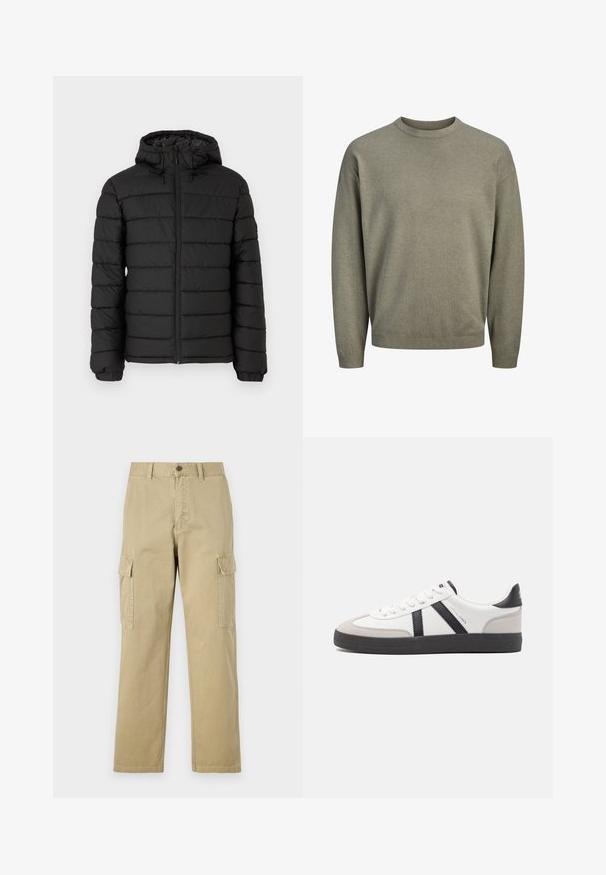 Doudoune noire avec capuche, motif matelassé, fermeture éclair à l'avant, poignets élastiqués et texture lisse, offrant chaleur et isolation.; Pull vert olive à col rond avec manches longues et poignets et ourlet côtelés, présenté sur fond blanc.; Pantalons cargo beiges en coton, dotés de deux poches latérales, d'une fermeture à bouton et de jambes droites avec un tissu légèrement texturé.; Baskets blanches avec des accents noirs et gris, présentant un embout texturé gris, une semelle en caoutchouc noir et des lacets plats blancs. Design épuré, style minimaliste.