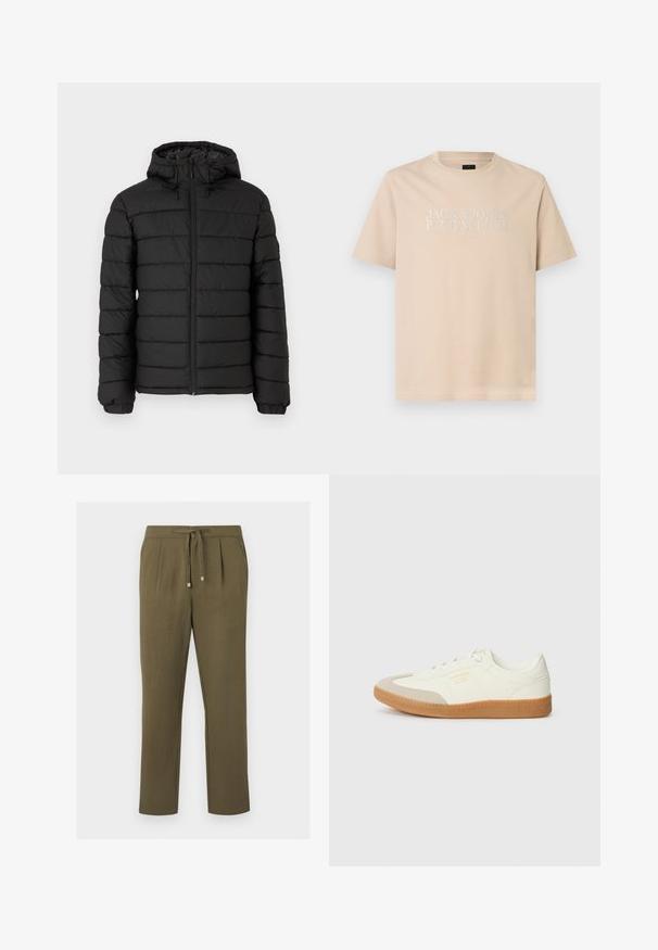 Doudoune noire avec capuche, motif matelassé, fermeture éclair à l'avant, poignets élastiqués et texture lisse, offrant chaleur et isolation.; T-shirt beige à manches courtes et col rond avec le texte blanc "JACK & JONES PREMIUM EST. 1990" centré sur la poitrine.; Pantalon droit vert olive avec taille à cordon, poches latérales et plis avant, présenté sur fond blanc.; Baskets en cuir blanc avec une coque beige et une semelle en caoutchouc marron clair. Dotées de lacets blancs plats et d'un logo embossé sur le côté.