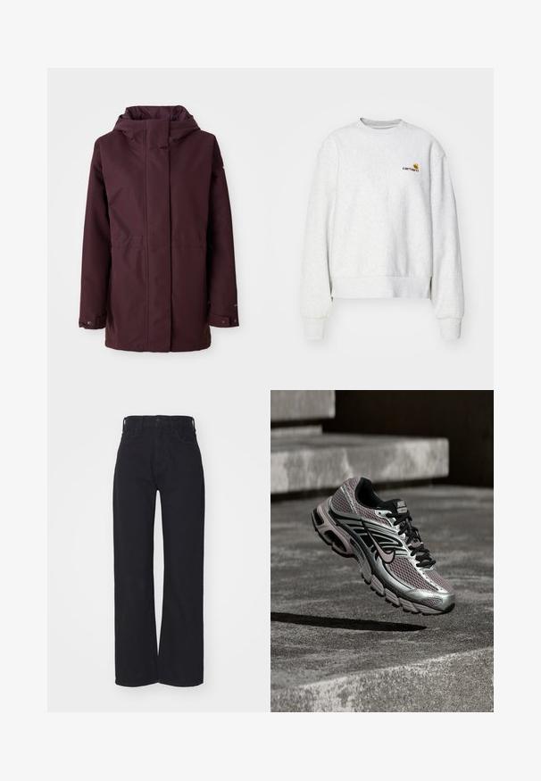 Bordeaux regnjakke med hætte, frontlynlås, to sidelommer og justerbare manchetter. Glat tekstur og minimalistisk design.; Grå crew-neck sweatshirt i et blødt stof med ribbede manchetter og kant; har broderet logo på brystet i gul og mørkerød.; Sorte højtaljede bredbenede jeans med frontknap og lynlås, bæltestropper og to forlommer på hvid baggrund.; Nike Air Max løbesko med sølv, sort og lilla mesh, vist i luften over en betonoverflade og trin.