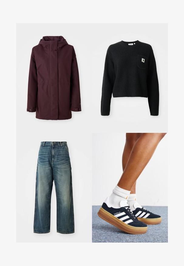 Bordeaux regnjakke med hætte, frontlynlås, to sidelommer og justerbare manchetter. Glat tekstur og minimalistisk design.; Sort ribbenstrikket sweater med rund hals, lange ærmer og en frontlomme med et lille logo patch. Forkortet længde.; Bredde ben denim jeans i en falmet blå vask. Har en knaplukning, fem lommer og synlige sømme. Materialet har en glat tekstur.; Ben iført hvide sokker og sorte Adidas Gazelle sneakers med hvide striber og tykke brune såler på et gråt tæppe.