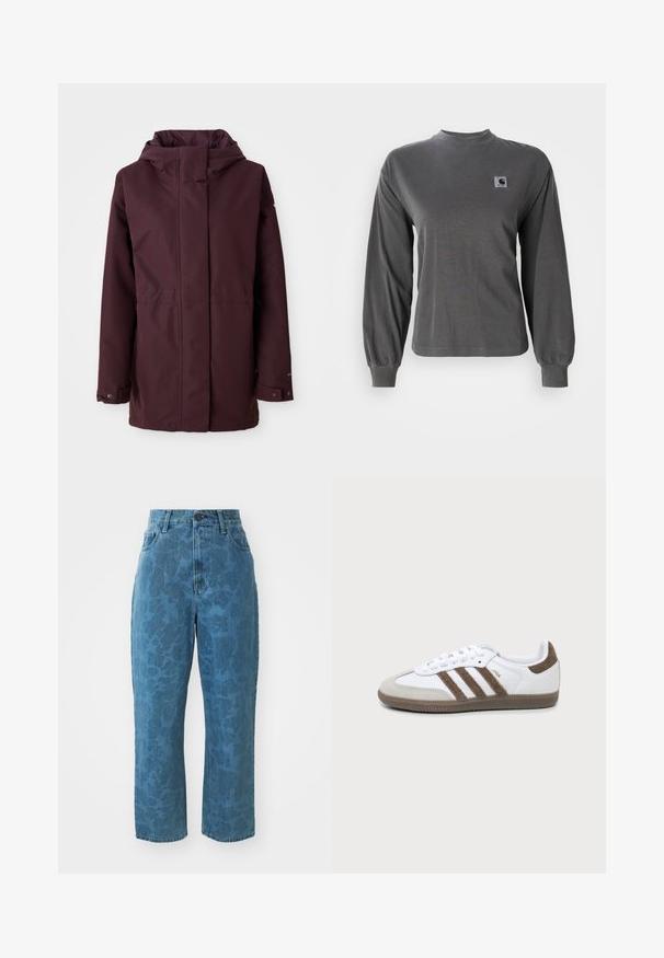 Bordeaux regnjakke med hætte, frontlynlås, to sidelommer og justerbare manchetter. Glat tekstur og minimalistisk design.; Langærmet grå t-shirt lavet af bomuld, med rund halsudskæring og elastiske manchetter, samt et lille firkantet logo på brystet.; Lyseblå denim jeans med en subtil mønstret struktur, høj talje og lige ben. Har en frontlukning med knap og lynlås.; Hvid og brun Adidas Samba sneaker med tre brune striber, snørebånd og tekstureret sål vist fra siden på en ensfarvet baggrund.