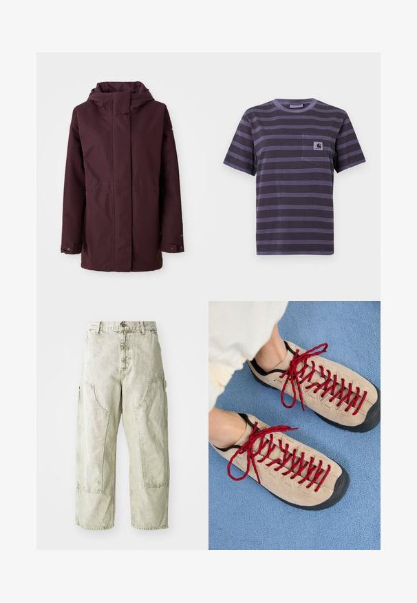 Bordeaux regnjakke med hætte, frontlynlås, to sidelommer og justerbare manchetter. Glat tekstur og minimalistisk design.; Lilla stribet t-shirt med en lomme på venstre bryst, der har vandrette sorte striber. Blødt stof, korte ærmer, rund halsudskæring.; Lys grønne capribukser i cargo-stil lavet af denim, med store sidelommer, knap- og lynlåslukning samt synlige syninger.; Beige sko med røde snørebånd, placeret på en blå tekstureret overflade, delvist synliggørende en persons ankel. Skoene har et sporty design.