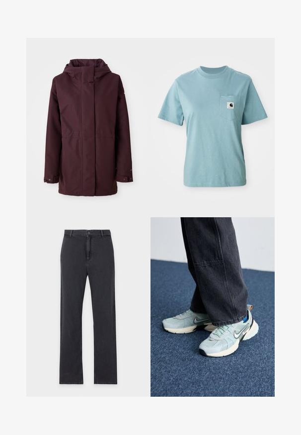 Bordeaux regnjakke med hætte, frontlynlås, to sidelommer og justerbare manchetter. Glat tekstur og minimalistisk design.; Lyseblå kortærmet bomulds T-shirt med brystlomme og et lille sort-hvidt Carhartt logo patch.; Straight-leg sorte jeans med forreste knap- og lynlåslukning, bæltestropper og klassisk fem-lommer design, lagt fladt på hvid baggrund.; Lyseblå mesh Nike sneakers med struktureret finish, sort swoosh og cremefarvet mellemsål, parret med mørkegrå vide bukser.