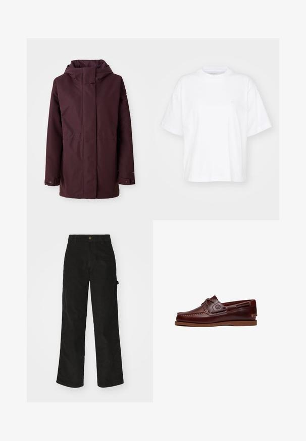 Bordeaux regnjakke med hætte, frontlynlås, to sidelommer og justerbare manchetter. Glat tekstur og minimalistisk design.; Hvid bomulds t-shirt med rund hals, korte ærmer og en afslappet pasform. Har et diskret logo på venstre brystområde. Glat tekstur.; Sorte kordfløjsbukser med et lige ben-design, der har en knaplukning og sidelommer. Glat tekstur med fine lodrette striber.; Brun læder bådsko med snørre, syningsdetaljer og Timberland-logo på siden, vist på en hvid baggrund.