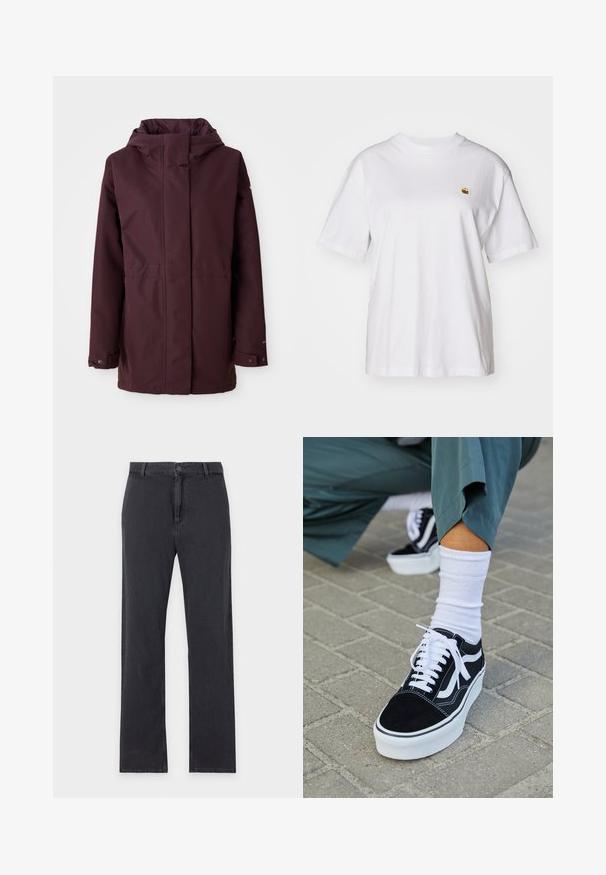 Bordeaux regnjakke med hætte, frontlynlås, to sidelommer og justerbare manchetter. Glat tekstur og minimalistisk design.; Hvid bomulds-t-shirt med en afslappet pasform, korte ærmer og et lille broderet logo på venstre brystområde.; Straight-leg sorte jeans med forreste knap- og lynlåslukning, bæltestropper og klassisk fem-lommer design, lagt fladt på hvid baggrund.; Sorte ruskinds sneakers med hvide accenter og snørebånd, der har en tyk hvid sål og kontrasterende syninger, parret med en hvid sok.