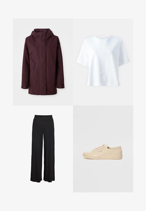 Bordeaux regnjakke med hætte, frontlynlås, to sidelommer og justerbare manchetter. Glat tekstur og minimalistisk design.; Hvid bomulds t-shirt med rund hals, korte ærmer, afslappet pasform og glat tekstur. Ingen mønstre eller detaljer synlige.; Sorte bukser med vide ben, høj elastisk talje og subtil ribbet struktur, designet til en løs og behagelig pasform.; Beige lavtoph sneakers med en blank finish, der har en tekstureret gummisål, rund tå og seks øje for snørebånd.