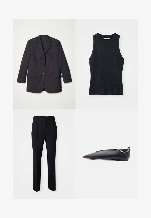 Dunkelbraune, gestreifte Blazerjacke mit zwei Vorderaschen, einem einzelnen Knopfverschluss und Reverskragen. Der Blazer hat einen dezenten, strukturierten Stoff.; Ärmelloses, dunkelgraues Strick-Tanktop mit Rundhalsausschnitt, auf weißem Hintergrund flach ausgelegt.; Schwarze, maßgeschneiderte Hose mit geradem Bein, gefertigt aus einem glatten Stoff, mit flachem Bund und seitlichen Taschen für Funktionalität.; Schwarzer, spitzer flacher Schuh aus Leder mit niedrigem Absatz und silberner Kettendetail am Hinterteil vor neutralem Hintergrund.