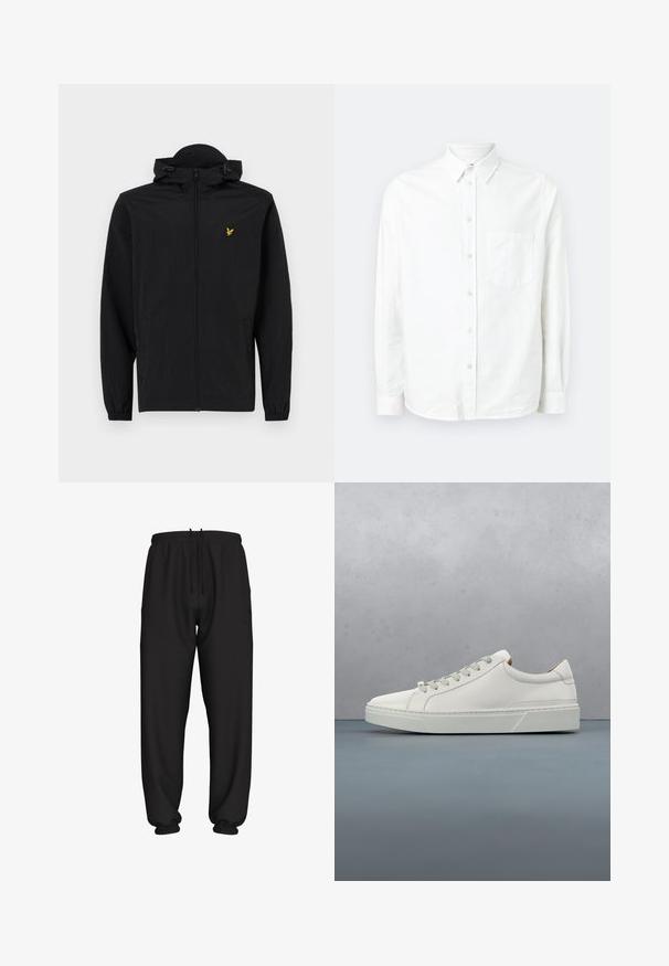 Veste légère noire avec capuche, fermeture éclair, poignets élastiques et poches latérales ; affiche un petit logo d'aigle brodé doré.; Chemise blanche à manches longues avec boutons, en tissu léger. Présente une poche poitrine, un col classique et une texture subtile.; Pantalon de jogging noir coupe ample avec taille et poignets élastiques, doté d'un cordon de serrage réglable à la taille.; Baskets en cuir blanc avec un bout arrondi, design minimaliste, lacets gris et semelle en caoutchouc gris texturé. Détails de couture subtils visibles.