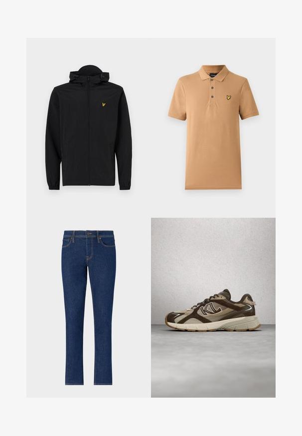 Veste légère noire avec capuche, fermeture éclair, poignets élastiques et poches latérales ; affiche un petit logo d'aigle brodé doré.; Polo beige en coton doux, avec une patte de boutonnage à trois boutons et un petit logo jaune brodé sur la poitrine gauche. Manches courtes.; Jean en denim bleu foncé avec une coupe droite, présentant des coutures discrètes, cinq poches et un bouton de fermeture à la taille.; Baskets athlétiques marron et beige avec semelle texturée et fermeture à lacets, suspendues en l'air devant un mur de verre moderne flou en arrière-plan.