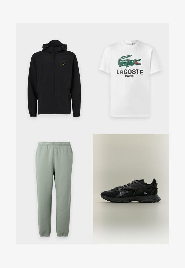 Black lightweight jacket with a hood, zip closure, elastic cuffs, and side pockets; features a small gold embroidered eagle logo.; Lacoste Print T-shirt - white; Light green sweatpants with an elastic waistband, tapered legs, and cuffed ankle hems. Made of soft, lightweight fabric.; Black Lacoste sneaker with mesh and suede panels, black sole, laces, logo, and coordinate text on side on plain beige background.