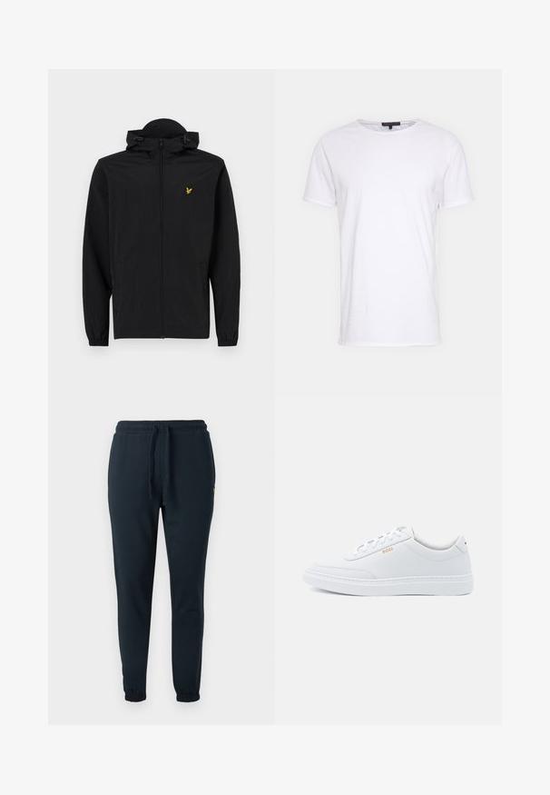 Veste légère noire avec capuche, fermeture éclair, poignets élastiques et poches latérales ; affiche un petit logo d'aigle brodé doré.; T-shirt en coton blanc avec un col rond, des manches courtes et une coupe droite. Présente une texture simple et lisse, sans motifs supplémentaires.; Pantalon de survêtement bleu foncé en mélange de coton, doté d'une taille élastique avec cordon de serrage et de chevilles côtelées. Petit détail logo jaune.; Baskets blanches en cuir avec une texture lisse, bout rond et coutures tonales. Possède des lacets bleus et un logo doré sur le côté.