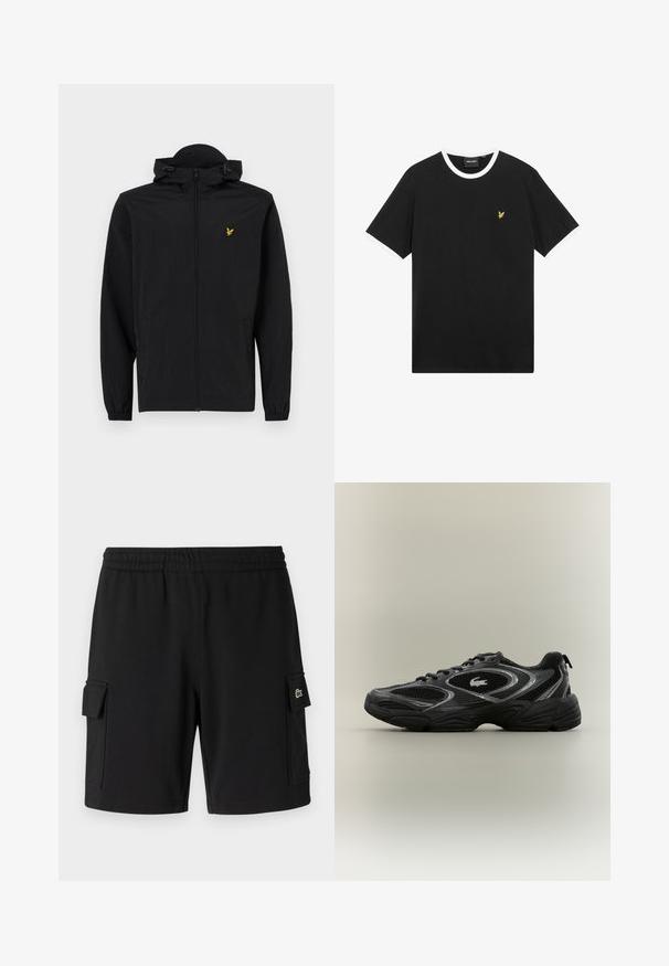 Veste légère noire avec capuche, fermeture éclair, poignets élastiques et poches latérales ; affiche un petit logo d'aigle brodé doré.; T-shirt noir avec col et bordures de manches blanches, en coton. Présente un petit logo d'aigle brodé en jaune sur la poitrine.; Shorts noirs en tissu doux, dotés d'une taille élastique, de deux poches cargo latérales et d'une petite patch logo sur une poche.; Baskets de sport noires et grises avec des panneaux en mesh, un design à lacets, une semelle épaisse et un petit logo de crocodile sur le côté.