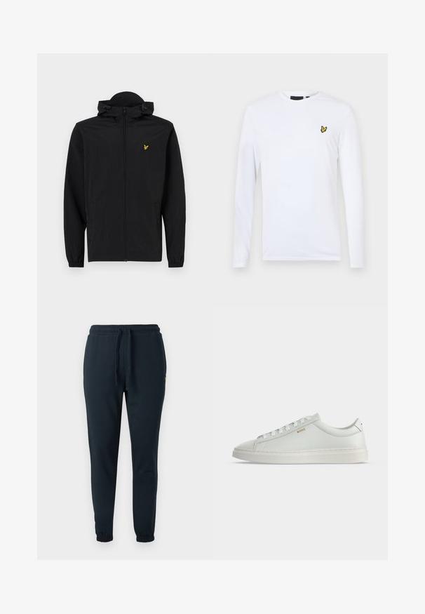 Black lightweight jacket with a hood, zip closure, elastic cuffs, and side pockets; features a small gold embroidered eagle logo.; Long-sleeve white shirt made of cotton featuring a small yellow embroidered logo on the left chest. Simple design with a crew neckline.; Dark blue sweatpants made of cotton blend, featuring an elastic waistband with drawstring and cuffs at ankles. Small yellow logo detail.; White low-top leather sneaker with laces, flat sole, and small gold "BOSS" logo on side, viewed from the outer side.