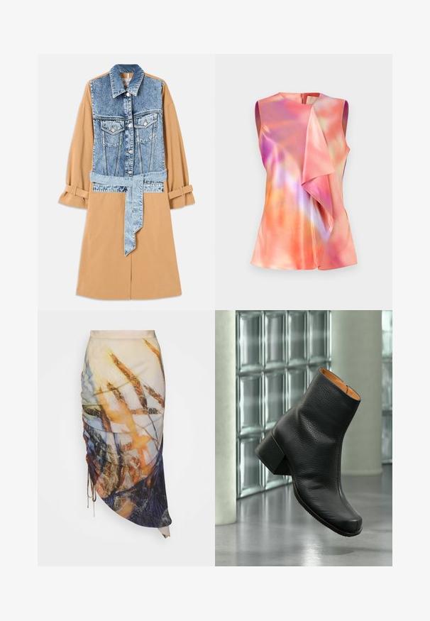 Robe chemise en denim et en khaki présentant un devant en denim plein, une taille ceinturée et des manches retroussées, avec des poches et des matériaux contrastants.; Débardeur en satin, orné d'un motif abstrait coloré dans des tons de rose, d'orange et de violet, avec un design drapé à l'avant.; Materiel DIAGONAL GATHERED SKIRT - Jupe crayon - golden hour; Bottine en cuir noir texturé avec talon bloc, exposée en intérieur sur un sol réfléchissant avec un mur en briques de verre en arrière-plan.