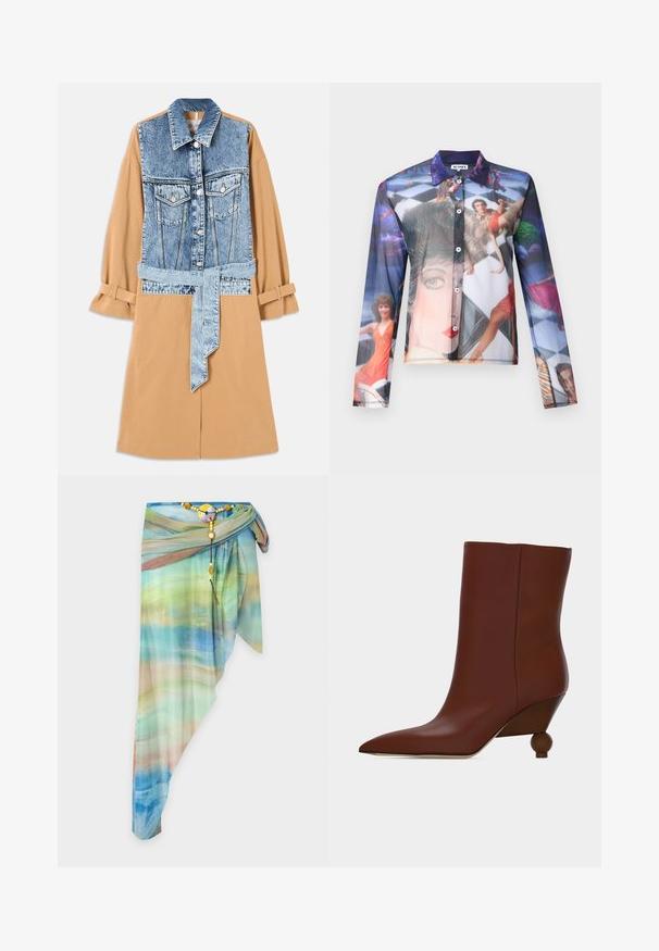 Denim en kaki overhemdjurk met een volledige denim voorkant, een riem om de taille en opgerolde mouwen, voorzien van zakken en contrasterende materialen.; Transparante blouse met een kleurrijke fotoprint van mensen in dynamische poses, met een klassieke kraag en lange mouwen.; Asymmetrische doorzichtige wikkelrok met blauw, groen en beige gradientpatroon, vastgemaakt met een decoratieve kralenriem en ronde gesp.; Bruine leren enkellaars met een spitse neus en een unieke afgeronde houten hak op een effen lichte achtergrond.