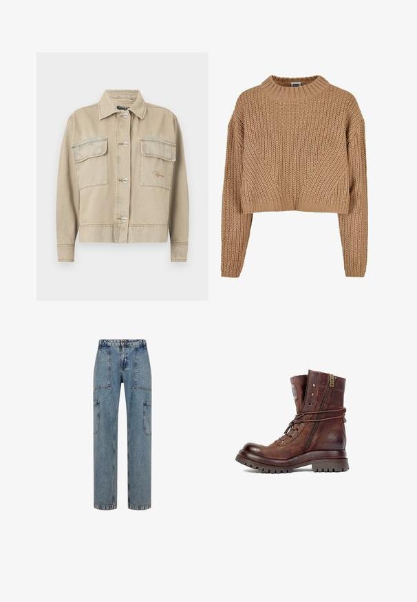 Beige denimjakke med krave, lange ærmer, knaplukning og to brystlommer. Har kontrasterende syninger og diskret logo-stikning.; Beige strikket sweater med høj hals, cropped design, lange ærmer og et tekstureret mønster. Har ribbede manchetter og kant.; Lyseblå denim cargo bukser med en afslappet pasform, der har to store påsyede lommer og syninger. Klassisk knap- og lynlåslukning.; Brun læderankelstøvle med sidelukning med lynlås, indviklede snørebånd, robust sål og slidt struktur på hvid baggrund.
