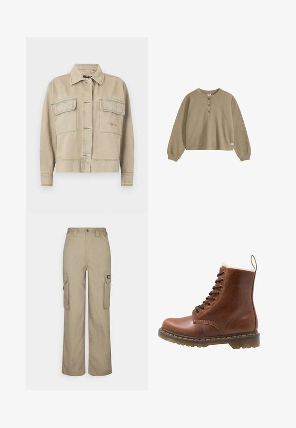 Beige denimjakke med krave, lange ærmer, knaplukning og to brystlommer. Har kontrasterende syninger og diskret logo-stikning.; Langærmet beige waffle-strikket henley-shirt med tre knapper foran og ribkanter, vist på hvid baggrund.; Beige cargo bukser lavet af slidstærkt stof, med en afslappet pasform, flere sidelommer og et elastisk liv med knaplukning.; Brun læder ankelstøvle med pelsfor, rund tå, snørebånd foran og gul syning langs sålen. Robust gummisål for godt greb.