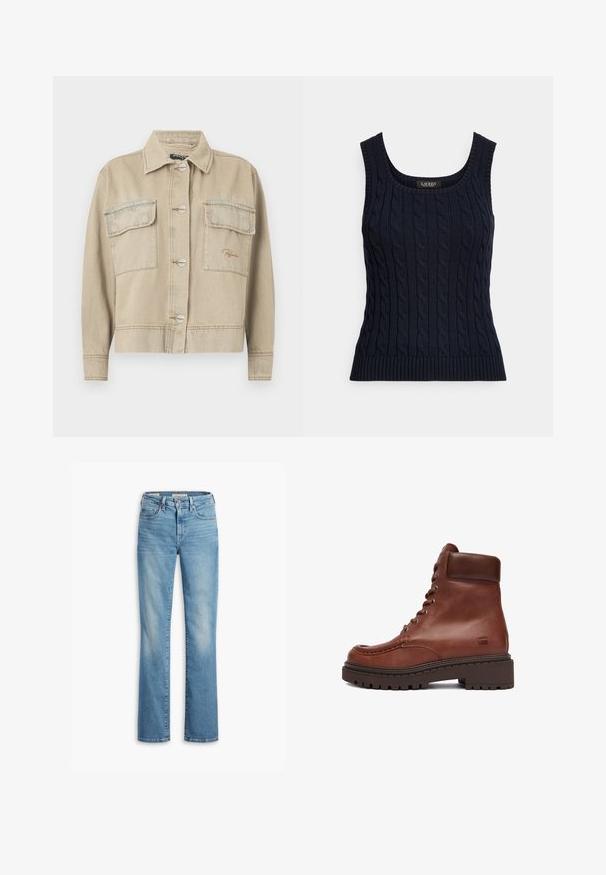 Beige denimjakke med krave, lange ærmer, knaplukning og to brystlommer. Har kontrasterende syninger og diskret logo-stikning.; Marineblå sweatervest med rundt halsudskæring, ribbet kant og tekstureret mønster. Fremstillet af et blødt strikket materiale, der er velegnet til lag-på-lag.; Lyseblå denim jeans med lige ben-design, knaplukning, fem lommer og udvaskede områder for et slidt look. Rensekant.; Brune læder ankelstøvle med polstret krave, snørebånd foran, tyk sål med grove riller og syninger på en hvid baggrund.