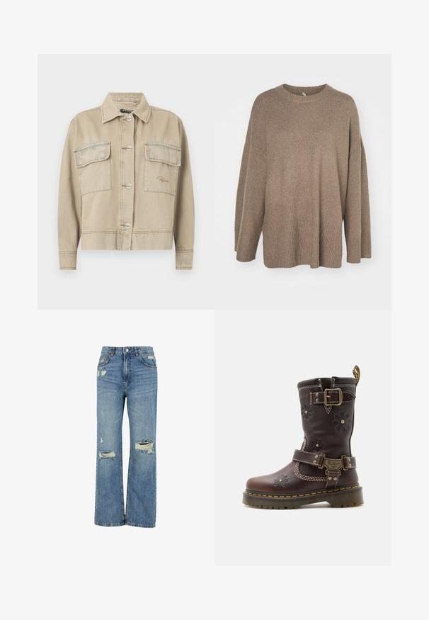 Beige denimjack met een kraag, lange mouwen, knoopsluiting en twee borstzakken. Kenmerkt zich door contrasterende stiksels en subtiele logo borduring.; Bruine oversized trui met een geribbelde onderkant, wijde mouwen en een ronde hals. Zachte textuur, minimalistisch ontwerp zonder patronen.; Lichtblauwe denim jeans met een hoge taille, wijde pasvorm, verwaschte scheuren bij de knieën en een klassieke vijf-pocketontwerp.; Bruine leren laars tot halverwege de kuit met gegraveerde bloemenmotieven, twee verstelbare messing gespen, gele stiksels en een robuuste zool.