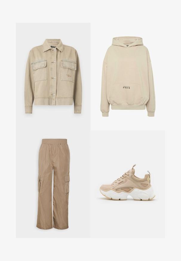 Beige denimjakke med krave, lange ærmer, knaplukning og to brystlommer. Har kontrasterende syninger og diskret logo-stikning.; Beige hættetrøje med en forlomme, ribbede manchetter og snøre i hætten. "PECADOR PGDR" tekst trykt på lommedelen.; Even&Odd Cargobukser - beige; Beige sneakers med en blanding af glatte og teksturerede materialer, en kraftig hvid sål og mesh-detaljer for åndbarhed.