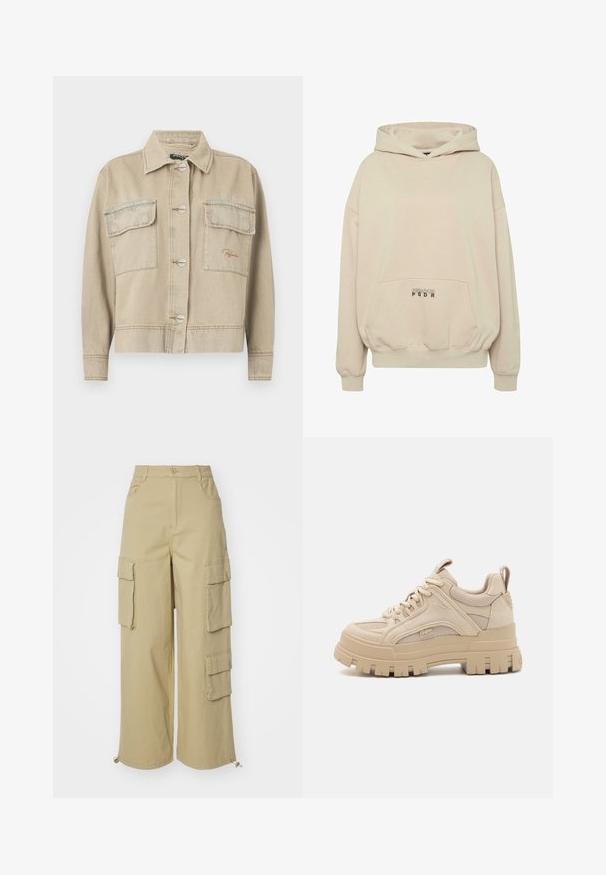 Beige denimjakke med krave, lange ærmer, knaplukning og to brystlommer. Har kontrasterende syninger og diskret logo-stikning.; Beige hættetrøje med en forlomme, ribbede manchetter og snøre i hætten. "PECADOR PGDR" tekst trykt på lommedelen.; Beige cargo bukser med brede ben, to store sidelommer, lommer foran og snoretræk detalje ved kanten. Fabrik af bomuldsblanding.; Beige chunky sneakers med en blanding af mesh og ruskind, med en tyk sål og fremtrædende slidbane, snørebåndsdesign og brandingdetalje.