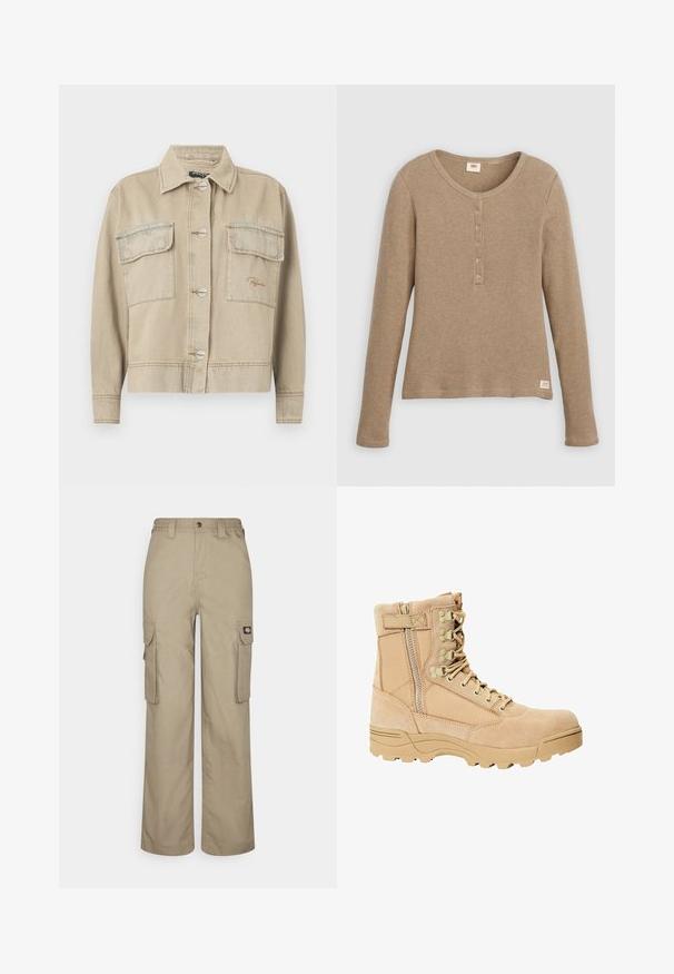 Beige denimjakke med krave, lange ærmer, knaplukning og to brystlommer. Har kontrasterende syninger og diskret logo-stikning.; Beige henley-shirt i vaffelstrik med lange ærmer, rund halsudskæring og fem-knaps lukning, vist fladt mod hvid baggrund.; Beige cargo bukser lavet af slidstærkt stof, med en afslappet pasform, flere sidelommer og et elastisk liv med knaplukning.; Tan taktiske støvler med en overdel i ruskind og stof, snøre- og lynlåslukning, struktureret sål og forstærket tå for holdbarhed.