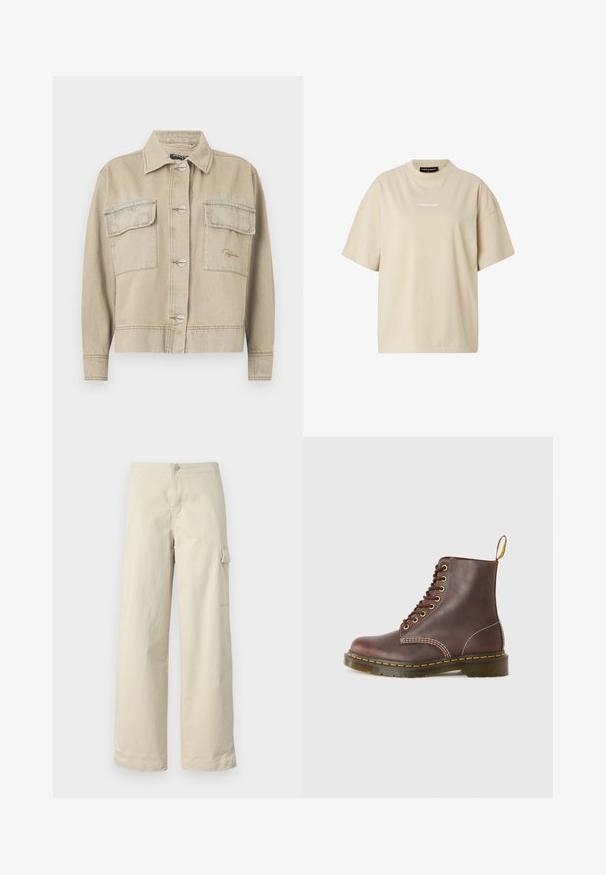 Beige denimjakke med krave, lange ærmer, knaplukning og to brystlommer. Har kontrasterende syninger og diskret logo-stikning.; Beige oversized T-shirt med korte ærmer, rund hals og lille hvid "REGARD"-logo centreret på brystet.; Beige cargo bukser lavet af blødt bomuld, med lige pasform, en frontknap og en sidelomme med flapdetalje.; Brune lædersnøreboots med gule syninger, rund tå og en robust gummisål. Har en trækflap ved hælen for nem påføring.