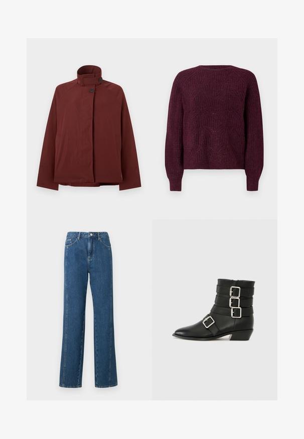 Veste rouge foncé à col montant, deux boutons noirs à l'avant et manches longues, présentée sur un fond gris clair uni.; Pull bordeaux avec un motif tricoté texturé, col rond et manches longues avec des poignets côtelés. Matière douce avec une coupe décontractée.; Jeans en denim bleu avec une coupe décontractée, dotés d'une taille haute, de cinq poches et de coutures contrastantes. Le tissu a une texture lisse.; RAID COLE - Bottines de cowboy / motard - black