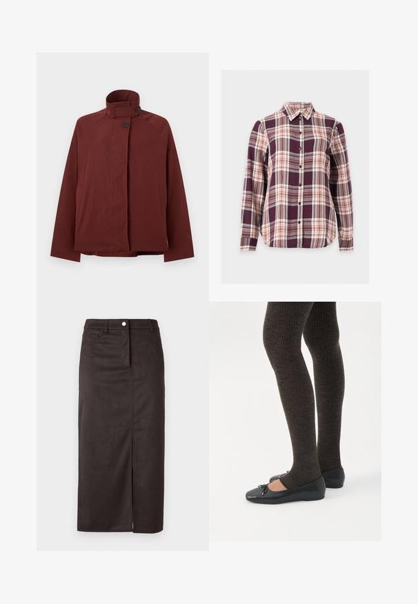 Veste rouge foncé à col montant, deux boutons noirs à l'avant et manches longues, présentée sur un fond gris clair uni.; Chemise à manches longues boutonnée avec motif à carreaux violet, rose et marron et col pointu sur fond blanc.; Jupe marron, longueur genou, fabriquée dans un tissu lisse. Présente une fente à l'avant, un fermoir à boutons et des poches latérales pour plus de fonctionnalité.; Jambes portant des leggings côtelés foncés associés à des ballerines noires avec de petits détails en nœud sur fond blanc.