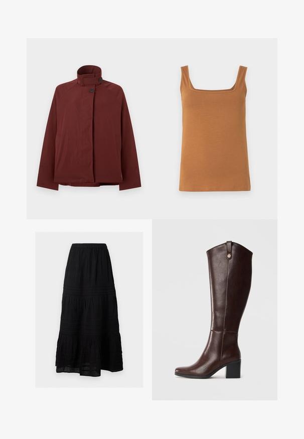 Veste rouge foncé à col montant, deux boutons noirs à l'avant et manches longues, présentée sur un fond gris clair uni.; Débardeur marron sans manches avec un col carré. Confectionné dans un tissu doux et extensible, doté de coutures nettes et d'une texture uniforme.; Jupe longue noire à volants avec taille élastique, plis horizontaux subtils et détails en dentelle.; Bottine en cuir marron hauteur genou avec un talon bloc, texture lisse, bout rond et quincaillerie décorative en ton doré en haut.