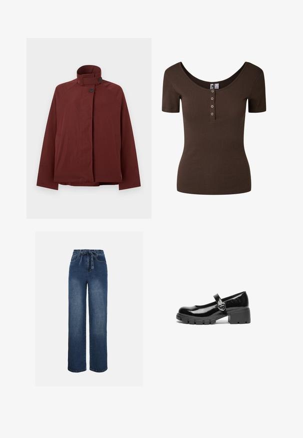 Veste rouge foncé à col montant, deux boutons noirs à l'avant et manches longues, présentée sur un fond gris clair uni.; Top ajusté à manches courtes, côtelé, marron foncé, avec encolure dégagée et quatre boutons-pression métalliques sur la patte avant.; Jean en denim bleu à taille haute et jambes larges, avec poches avant et ceinture assortie en tissu nouée à la taille.; Chaussure Mary Jane en cuir verni noir avec un talon épais, un bout rond et une sangle ornée d'une boucle en forme de cœur.