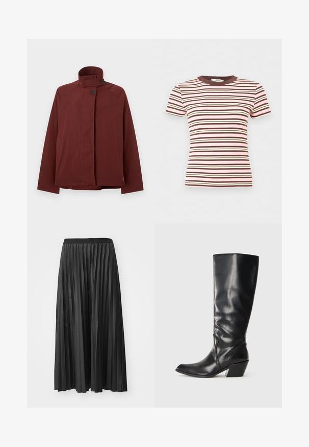 Veste rouge foncé à col montant, deux boutons noirs à l'avant et manches longues, présentée sur un fond gris clair uni.; T-shirt à manches courtes en tricot côtelé avec des rayures horizontales rose, marron et crème, avec un col rond marron.; Jupe maxi plissée noire avec une texture lisse et une taille élastique, dotée de plis verticaux qui créent du volume et du mouvement.; Botte en cuir noir montante jusqu'au genou avec un bout pointu, un talon angulaire et une texture lisse. Présente une subtile couture sur le côté.