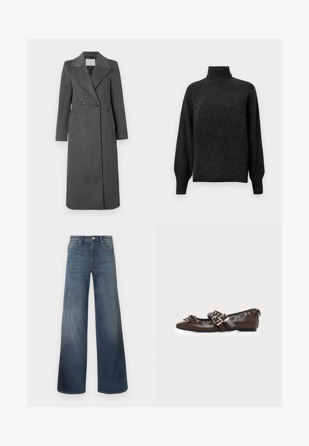 Manteau en laine mélangée gris à double boutonnage avec col cranté, deux poches latérales, et une coupe longueur genoux. Tissu texturé et accents de boutons.; Pull en tricot gris foncé, à col montant, avec des manches amples et une coupe décontractée. Texture douce avec un motif subtil sur l'ensemble.; Jeans en denim à jambes larges de couleur bleu foncé, avec une finition déchirée, fermeture à bouton et style à cinq poches. Texture lisse, détails de couture minimalistes.; Chaussure plate en cuir marron foncé avec bout pointu, doubles brides à boucles argentées, œillets métalliques et nœud décoratif à l'avant.