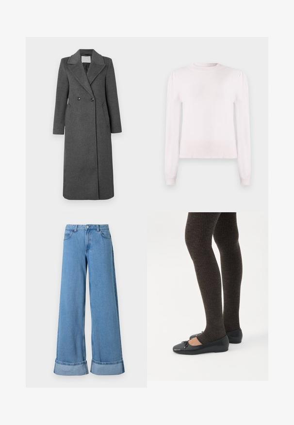 Manteau en laine mélangée gris à double boutonnage avec col cranté, deux poches latérales, et une coupe longueur genoux. Tissu texturé et accents de boutons.; Pullover rose pâle à manches longues en tricot doux. Il présente un col rond et un ourlet côtelés, ainsi que des détails subtils de manches bouffantes.; Jean en denim bleu clair à jambes larges avec une taille haute, des poignets roulés, un design à cinq poches et une fermeture à bouton avec un zip.; Jambes portant des leggings côtelés foncés associés à des ballerines noires avec de petits détails en nœud sur fond blanc.